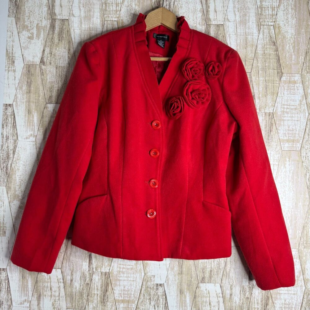 Spense Blazer Suit Coat Pleated‎ RUFFLE Floral ROSETTE RED Felt Jacket Size L